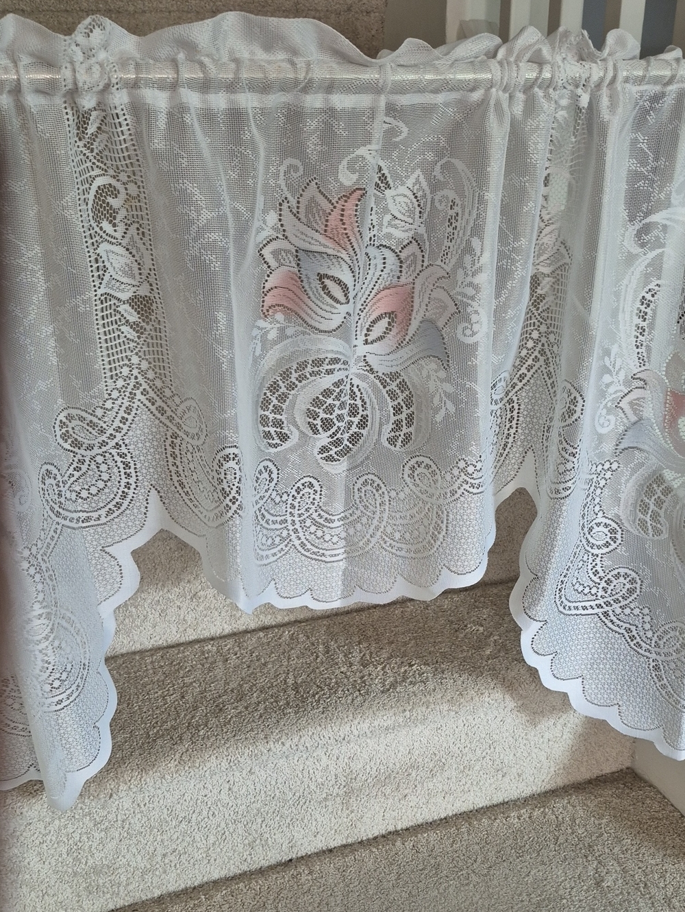 Delicate White Lace Swag Curtain with Pink Floral Accents 58x30